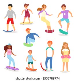 Skateboarders vector young boy or girl characters skateboarding on skateboard illustration. Set of teenager skaters jumping on board in skatepark people skating isolated on white background.