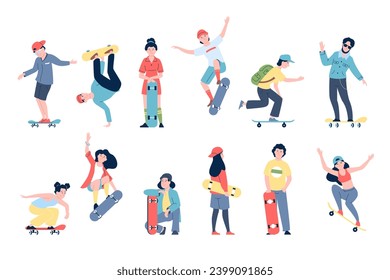 Skateboarders young characters. Teens riding skateboards, boys and girls active skateboarding. Teenagers popular seasonal activity, recent vector set