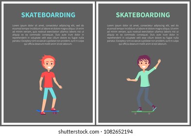 Skateboarding activity banner isolated on grey vector illustration of two skating teens in bright t-shirts, sporty and active boys, happy children