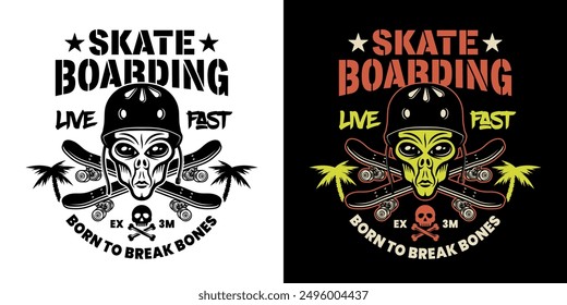 Skateboarding alien vector emblem or t-shirt print in two styles black on white and colored