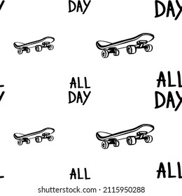 Skateboarding all day doodle pattern. Seamless background with skateboards. Black line art icon. Cute cartoon kids teens design. Outline drawing logo minimal style.