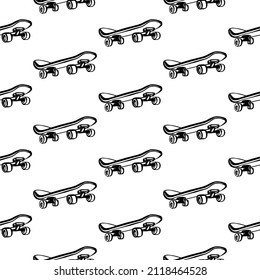 Skateboarding all day doodle pattern. Seamless background with skateboards. Black line art icon. Cute cartoon kids teens design. Outline drawing logo minimal style.