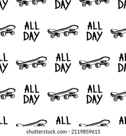 Skateboarding all day doodle pattern. Seamless background with skateboards. Black line art icon. Cute cartoon kids teens design. Outline drawing logo minimal style.