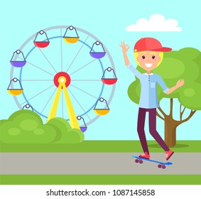Skateboarding and amusement park trees grass flat road favourite hobby, boy with smile on face having fun, ferris wheel isolated vector illustration