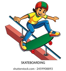 Skateboarding athlete isolated on white background in cartoon style. Summer Games 2024. Vector illustration.