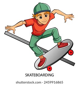 Skateboarding athlete isolated on white background in cartoon style. Summer Games 2024. Vector illustration.