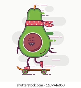 Skateboarding avocado hipster character concept illustration. Happy smiling vegetable with red bandana riding on skateboard. Plant in the action comic illustration.
