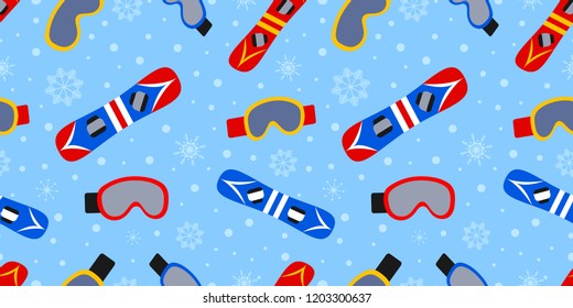 Skateboarding background. Winter sports seamless pattern. Vector illustration. outdoors repeated texture. Winter activities template print. Sport equipment