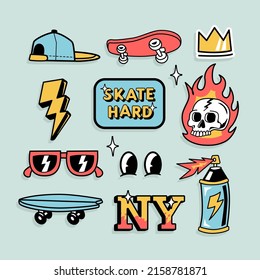 Skateboarding badges, stickers. Vector illustrations of eyes, a sign, a skull, a hat, shoes, sunglasses, a lightning, a spray paint and a skateboard.