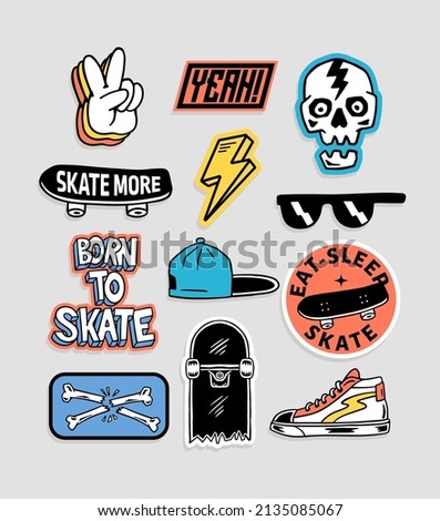 Skateboarding badges, stickers. Vector illustrations of peace hand sign, skull, hat, shoes, sunglasses, lightning and skateboard.