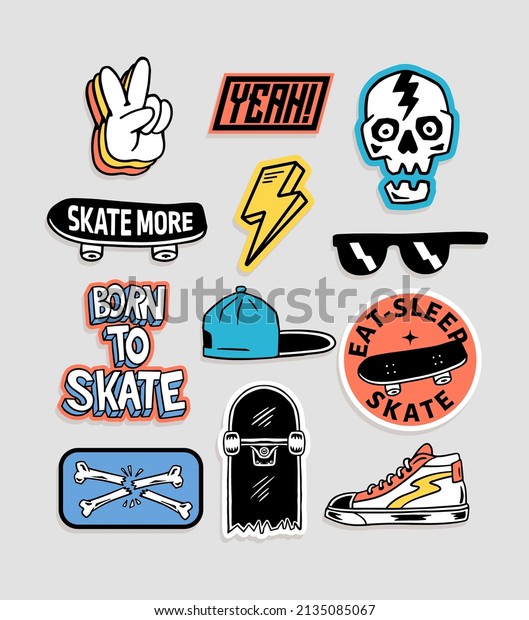 Skateboarding badges, stickers. Vector\
illustrations of peace hand sign, skull, hat, shoes, sunglasses,\
lightning and\
skateboard.