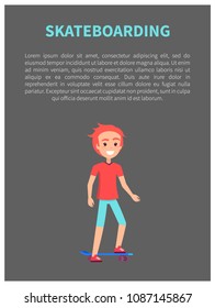 Skateboarding banner with text sample, headline recreation and teenager practicing skating skills vector illustration isolated on grey background
