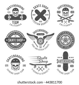 Skateboarding black emblems with descriptions of skateboarding team California skate shop custom boards and different vector illustration