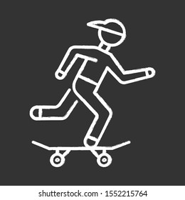 Skateboarding chalk icon. Street culture. Skater riding board. Skating guy. Person performing skateboard stunts. Extreme sport. Isolated vector chalkboard illustration