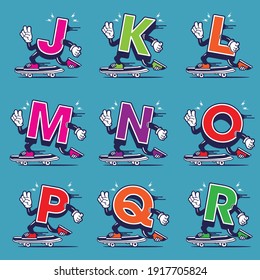 Skateboarding Character Design Mascot Alphabet J KL M N O P Q R