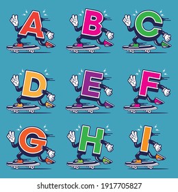 Skateboarding Character Design Mascot Alphabet A B C D E F G H I