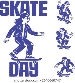 Skateboarding Character Set with Skate Day Typography – Retro Style Vector Illustration