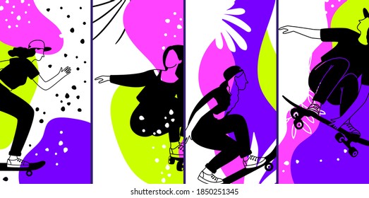 Skateboarding characters. Neon banners, contemporary urban style girls flyers. Modern decorative cards vector design