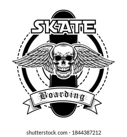 Skateboarding club label vector illustration. Skull with angel wings, board and text. Extreme sport concept for community emblems or team badges templates