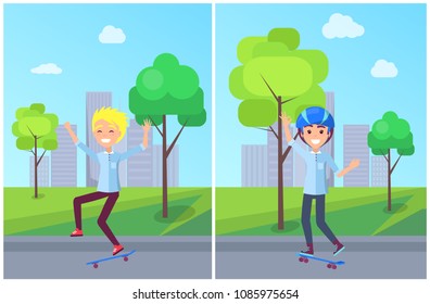 Skateboarding collection with boys teenagers, hobby of male in city streets, trees infront buildings, sky and clouds, set isolated on vector illustration