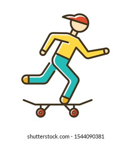 Skateboarding color icon. Street culture. Skater riding board. Skating guy. Person performing skateboard stunts. Extreme sport. Isolated vector illustration