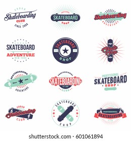 Skateboarding colored badges set. Design elements for skateboard club, shop, print, web and more. Retro. Isolated. Vector. 