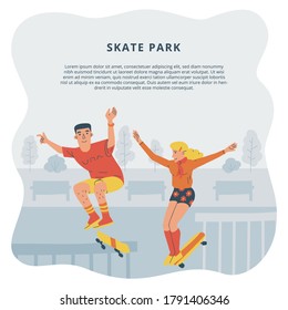 Skateboarding colorful illustration of skater teens jumping on ramp. Skate park, shop, school advertising template with space for text.