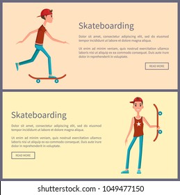 Skateboarding colorful poster, vector illustration, text sample, youth with his skateboard, push buttons set, riding on board boy, print on shirt star