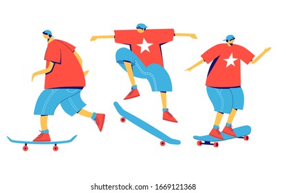 Skateboarding concept. Teenager on a skateboard performs a trick. Extreme sport. Cartoon flat style. Vector illustration.