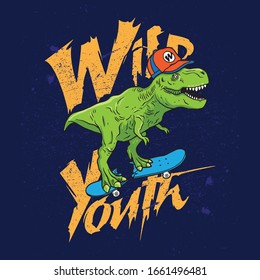 Skateboarding dinosaur. Dinosaur,skateboard vector print. Fun t-shirt design for kids.Cute Dinosaur character design.