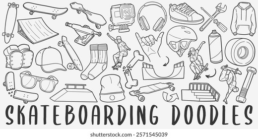 Skateboarding Doodle Icons. Hand Made Line Art. Skateboard Park Clipart Logotype Symbol Design.