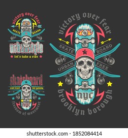 Skateboarding emblem set with skull and crossed skyboards. Print graphic and web design. Color vector illustration.