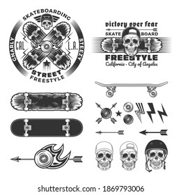 Skateboarding emblem set with skull and crossed skyboards. Additional elements for creating emblems. Print graphic and web design. Monochrome vector illustration.