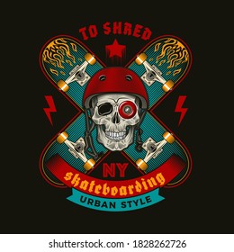 Skateboarding emblem with skull and skateboard. Print graphic and web design. Color vector illustration.