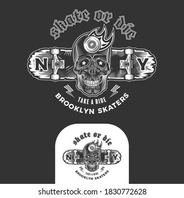 Skateboarding emblem with skull and skateboard. Print graphic and web design. Monochrome vector illustration.