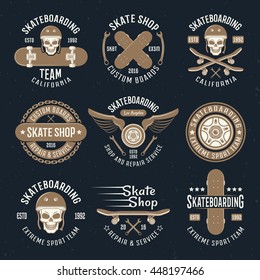 Skateboarding emblems in color with descriptions of team California custom boards extreme sport team repair service vector illustration