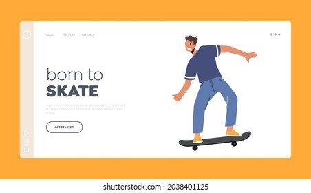 Skateboarding Extreme Sport Landing Page Template. Teenager in Skate Park or Rollerdrome Perform Skateboard Jumping Stunts. Youth Urban Culture and Teen Activity on Street. Cartoon Vector Illustration