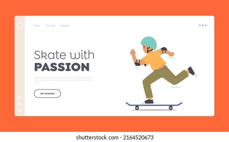 Skateboarding Extreme Sport Landing Page Template. Youth Urban Culture and Children Activity on Street, Preteen Boy in Skate Park or Rollerdrome Perform Skateboard Stunts. Cartoon Vector Illustration