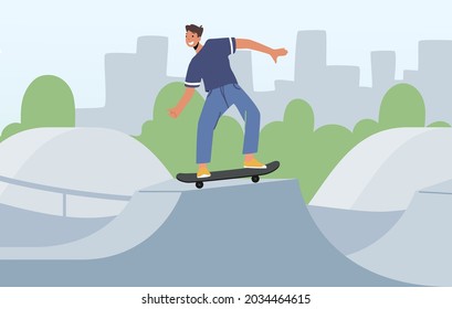 Skateboarding Extreme Sport, Adolescente en Skate Park o Rollerdrome Practican Skateboard Jumping Stunt en Quarter Pipe Ramp. Cultura urbana juvenil y actividad adolescente en la calle. Ilustración del vector de dibujos animados