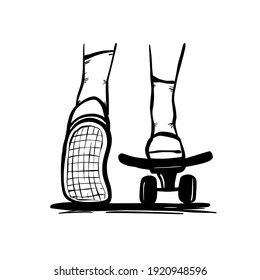 Skateboarding feet sketch. Back view of legs riding a skateboard. Black and white hand drawn style vector illustrations.