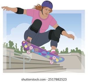 skate, skatista feminino realizando um truque aéreo com um skate no fundo