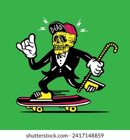 Skateboarding Funky Skull Wearing Snapback in Tuxedo Mascot Character Design Hand Drawing Vector