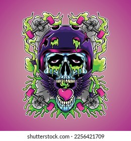 Skateboarding is a game of sliding in a special arena that is deliberately made. You can see a skull wearing a helmet and a skateboard in the background with a face emitting green liquid.