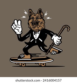 Skateboarding German Shepherd Dog in Tuxedo Mascot Character Design Hand Drawing Vector