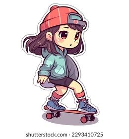 Skateboarding girl. Sports adrenaline games. Cartoon vector illustration. label, sticker, t-shirt printing