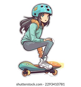 Skateboarding girl. Sports adrenaline games. Cartoon vector illustration. label, sticker, t-shirt printing