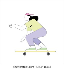 Skateboarding Girl Teenage Skateboarder Street Skating Skate Park Punk Girl Simple Minimalist Vector Flat Illustration