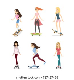 Skateboarding girls set. Illustration of girls with skateboard and longboard.