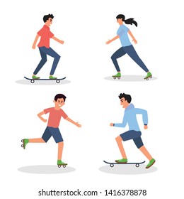 Skateboarding girls and woman set. Illustration of girls and woman with skateboard and longboard. 