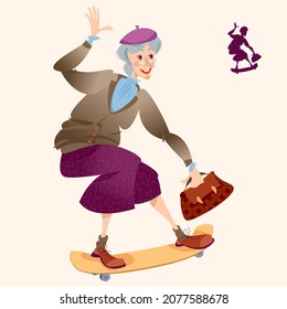 Skateboarding Grandma. Elderly Female Skateboarder. Vector Illustration
